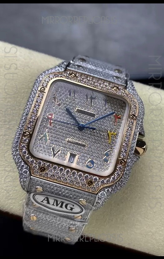 Cartier "Santos De Cartier" 904L Steel Diamonds Colored Arabic Dial 1:1 Mirror Replica - 40MM - Genuine Diamonds