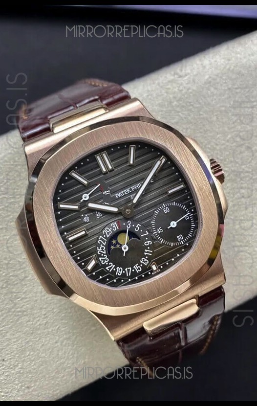 Patek Philippe Nautilus 5712/R 1:1 Quality Swiss Replica Watch in Brown Dial Leather Strap